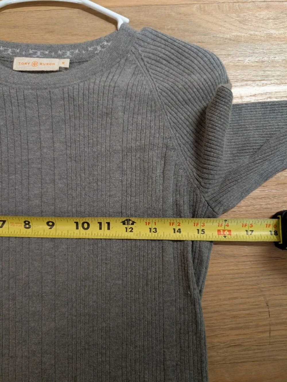 Tory Burch Gray Ribbed Crewneck Cashmere Blend Sweater with Peplum Hem